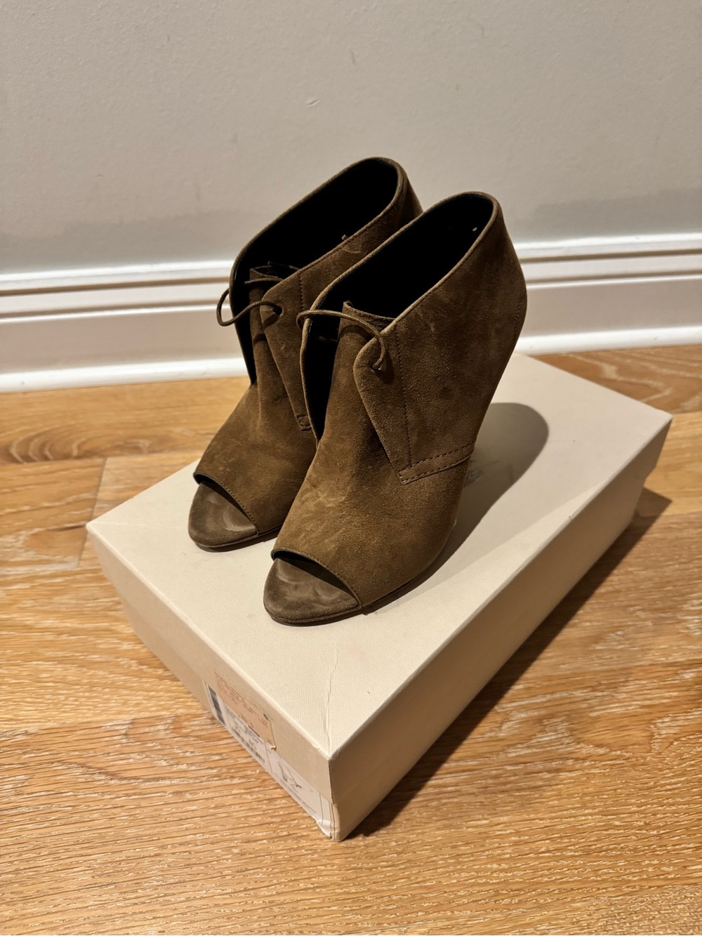 Burberry Peep-Toe Suede Ankle Booties in Brown